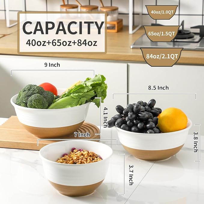 HASENSE Mixing Bowls, Large Ceramic Salad Bowls 2.1/1.5/1.0 Qt, Versatile Serving Bowls for Cooking, Baking, Salad Mixing, Prepping, Nesting White Bowl Set, Dishwasher Safe, Set of 3 - Image 3