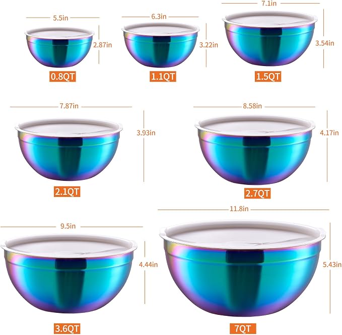 Colorful Mixing Bowls with Airtight Lids, Stainless Steel Nesting Mixing Bowls Set of 7, Ideal for Baking, Prepping and Serving Food, Size 7, 3.6, 2.7, 2.1, 1.5, 1.1,0.8 QT, Stackable Design - Image 2