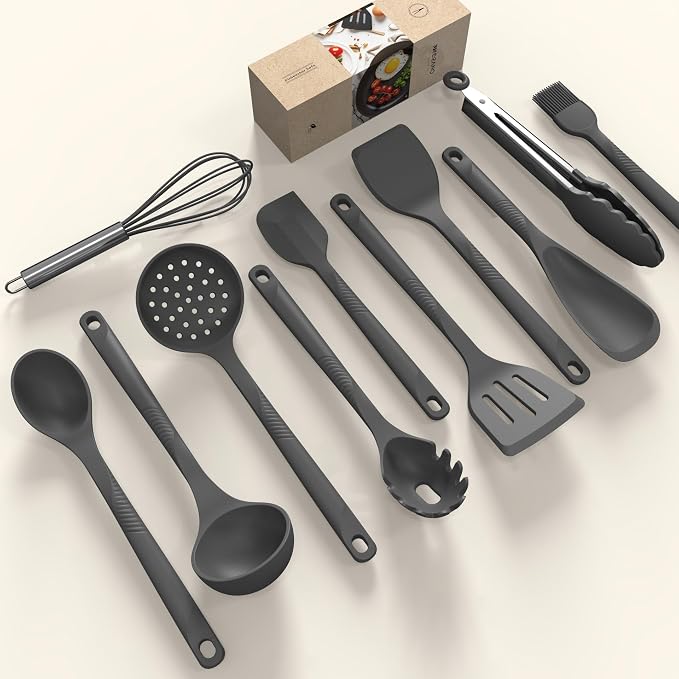 Silicone Cooking Utensils Set - 600°F Heat Resistant, Nonstick Kitchen Utensil Set with Spatulas, Spoons, Whisk, Tongs, BPA Free, Dishwasher Safe (Gray) - Image 2