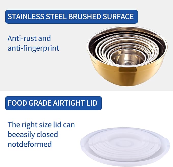 Gold Mixing Bowls With Airtight Lids,Stainless Steel Bowl,Salad Bowls 7 Piece Colorful Nesting Bowl Gold Kitchen Accessories,Size 7,3.6,2.7,2.1,1.5,1.1,0.8QT Stackable Design - Image 4