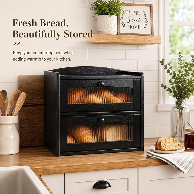 Large Wooden Bread Box for Kitchen Countertop, 2-Tier, Black | Clear Acrylic Window Spacious Bread Storage Farmhouse Style Pantry Organization For Homemade Bread and Bagels - Image 3