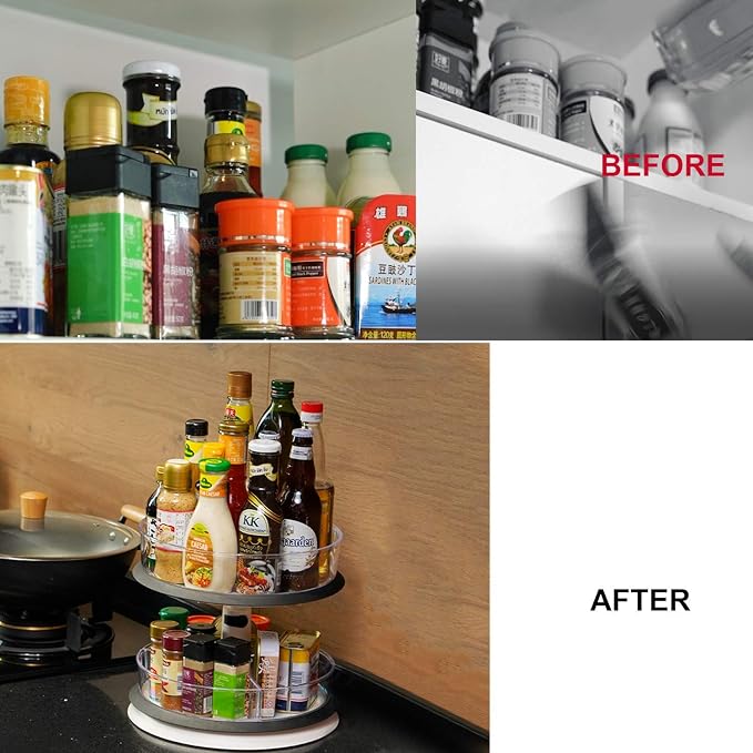 2 Tier Lazy Susan Turntable Kitchen Spice Rack Organizer for Cabinet Rotating Carousel Lazy Susan for Table Spice Storage Pantry Organization Height Adjust & Detachable Large Plastic Clear Bins - Image 7