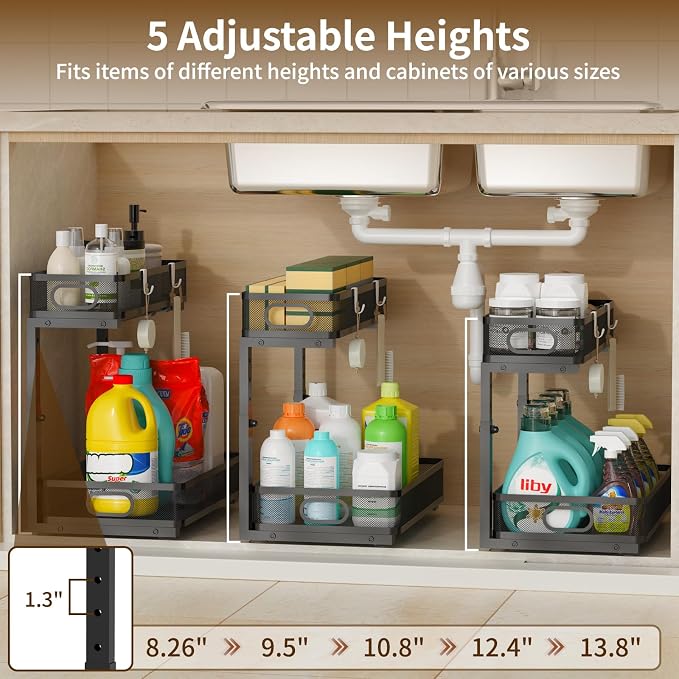 Under Sink Organizer 2 Pack, 2-Tier Slide Out Cabinet Organizer with Metal Sliding Drawer and Hooks, Pull Out Storage Baskets for Kitchen Bathroom Pantry Cabinet Organization (black) - Image 3