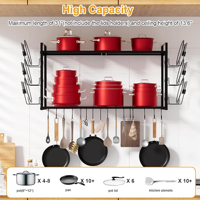 31 Inch Pot Rack Wall Mounted, 2-Tier Hanging Pots and Pans Organizer Expandable Heavy Duty Kitchen Shelves with 6 Pot Lid Holders and 12 Hooks for Kitchen Cookware Utensils Storage - Image 2