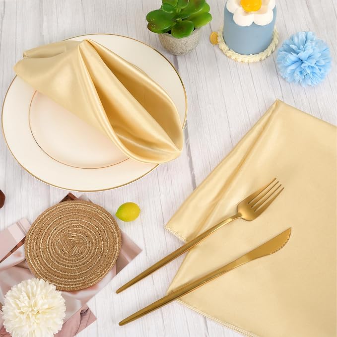 72 PCS Champagne Gold Square Satin Cloth Napkins, 20 X 20 Inch | Soft Smooth, Washable Reusable, Silk Dinner Table Napkins Bulk, for Weddings Parties Banquets Dining and Restaurants - Image 6
