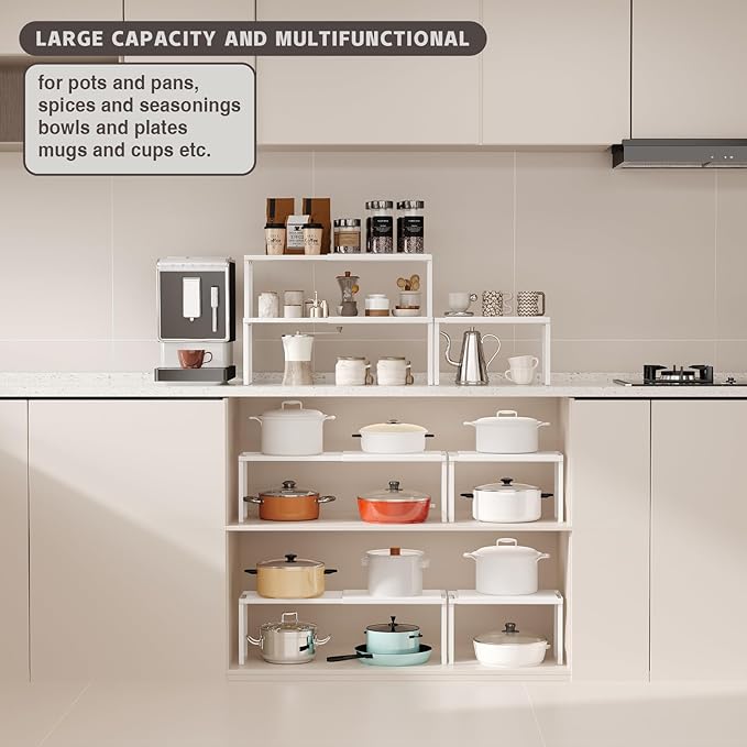 Magheo Expandable Kitchen Countertop Organizer, 2 Pack Stackable Cabinet Shelf Risers, Metal Spice Rack Heavy Duty Counter Organizer Storage for Kitchen, Pantry, Cupboard, Rv (8.7in Height,White) - Image 5