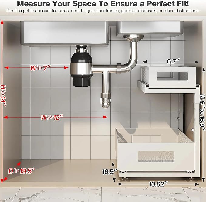 2 Pack 18.5IN-Depth Under Sink Organizer With Next-Gen Ball-Bearing Slides,2-Tier Pull Out Cabinet Storage,Height Adjustable Drawer Shelf for Bathroom,Kitchen,Laundry,Cabinet,Pantry-White - Image 2