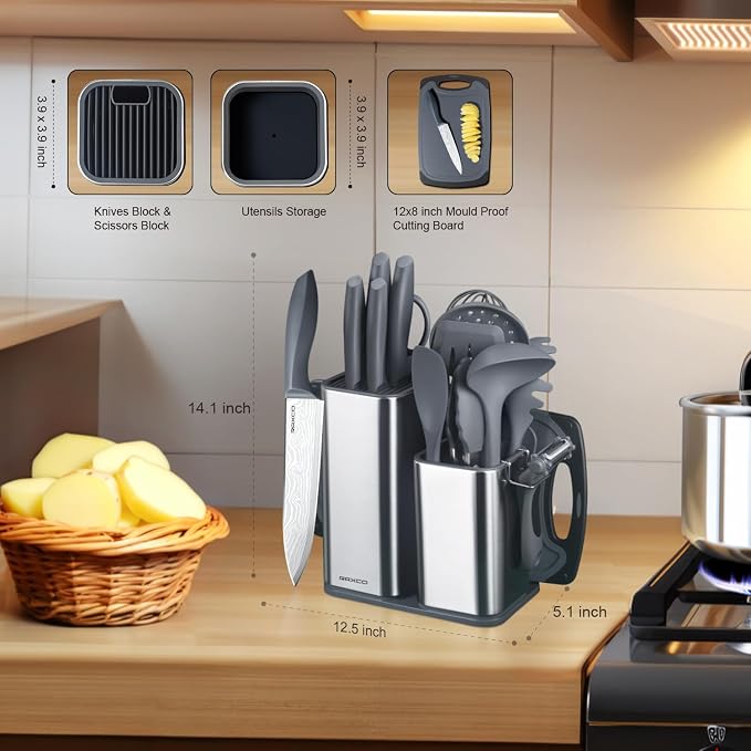 Kitchen Set,18-Piece Cooking Utensils and Kitchen Knife Set,Gray | 7-Piece Kitchen Utensils Heat-resistant to 410°F,5-Piece Sharp Knife,5-Piece Cooking Tools and Cutting Board In One - Image 2