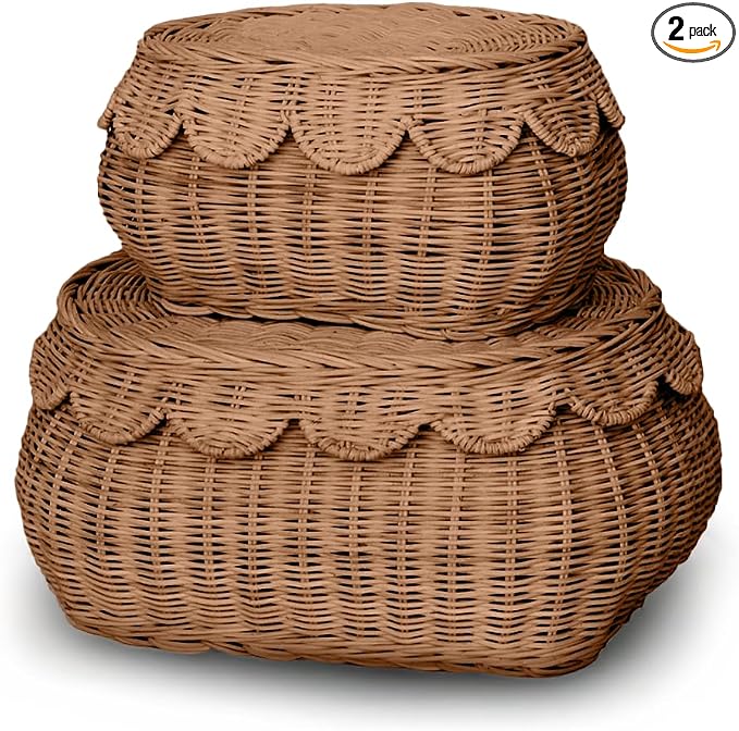 BEBE BASK The Original Scalloped Basket with Lid - Set of 2 (15x11x6 In) | Handwoven & Award Winner, Sustainable Rattan, Wicker Basket With Scalloped Edge Lid, Nursery Storage, Scallop Basket, Mocca by BEBEBASK%C2%AE