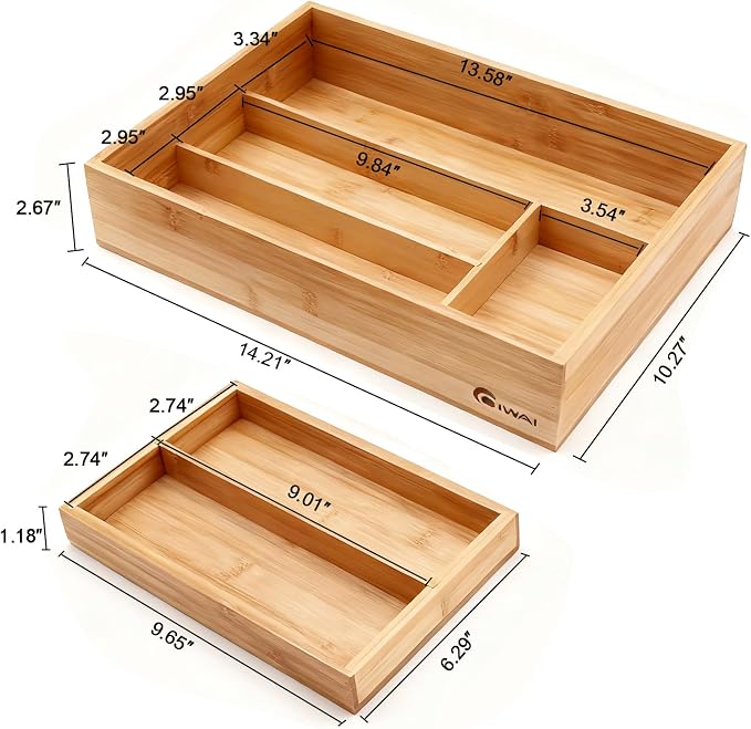 2-Tier Drawer Organizer with Removable Cutlery Tray Kitchen Utensil Silverware Drawer Organizer, Silverware Tray for Drawer Utensil Holder Bamboo Flatware Box for Utensils Stationery Cosmetics (M) - Image 6