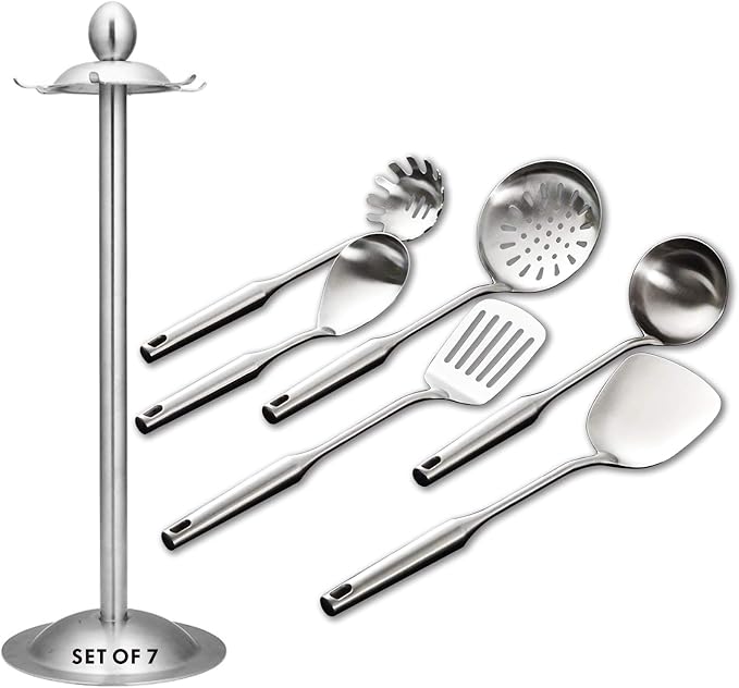 Cooking Utensils Set,6 PCS with Utensils Holder,304 Stainless Steel | Round handle,For kitchen cooking,Includes: wok spatula, soup ladle, slotted spoon, Spaghetti spoon, Utensils Holder by GXONEHomeKitchen