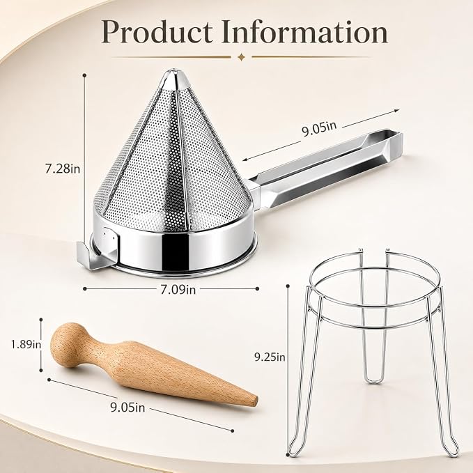 Chinois Strainer Set with Stand & Pestle, China Cap Strainer for Sauces | Stainless Steel Fine Mesh Cone Sieve for Soups, Stocks, Tomato Puree and Jam, with Stand and Wooden Pestle Included - Image 2