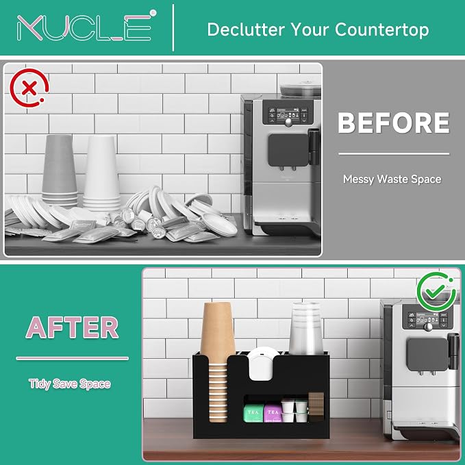2-Tier Coffee Station Organizer for Countertop, 4 Compartments Black Acrylic Cup and Lid Holder Tea Condiment Storage Upright Coffee Bar Organizer Pod Dispenser for Office Breakroom Home Kitchen - Image 9