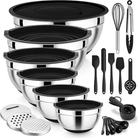 E-far Mixing Bowls with Airtight Lid Set, 25PCS Stainless Steel Nesting Prep Bowls with Grater Attachments Non-Slip Bottoms for Cooking, Baking, Serving, Food Storage, 4.6/2.6/2/1.5/1/0.7QT - Black by E-far