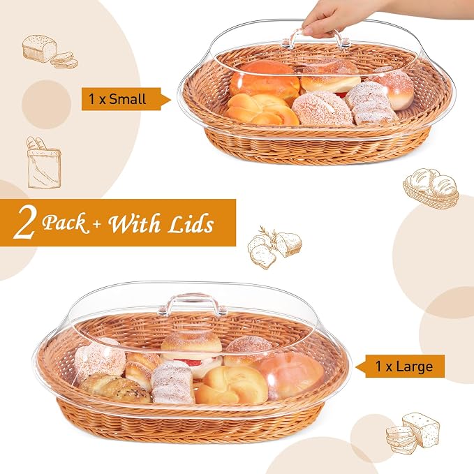 Hushee 2 Set Imitation Rattan Bread Basket with Lid Wicker Bread Baskets for Serving Woven Fruit Basket with Cover Oval Food Baskets for Food Vegetables Display(13.78 x 9.84 Inch, 15.75 x 11.81 Inch) - Image 3