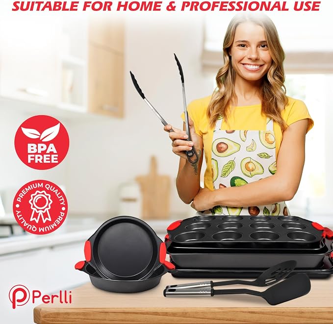 Non-Stick 17-Piece Baking Pan Set, BPA-Free Carbon Steel Bakeware Set with Silicone Handles, Stackable Kitchen Oven Set, Cookie Sheet, Baking Tray, Baking Sheet Set, Utensils, Oven Safe (446°F) - Image 5