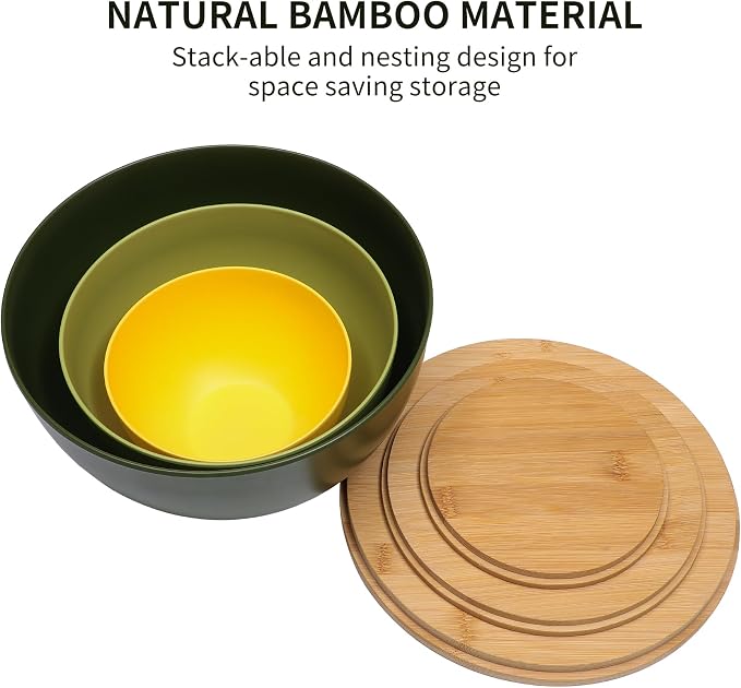 ECOWAY Salad Bowl Set of 3 with Bamboo Lids, Mixing Bowl Set, Nesting Bowls for Space Saving Storage, Made with Durable Eco-Friendly Bamboo Fiber, Great for Prepping and Serving Food (3 Colors) - Image 4