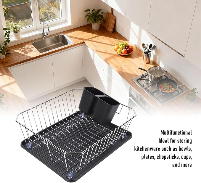 Asixxsix Dish Drying Rack, Anti Rust Coated Dish Drainer with Utensil Holder and Drainboard, Sink Organization and, 14" x 12" x 5" for Home and Apartment Decor (Silver) - Image 2