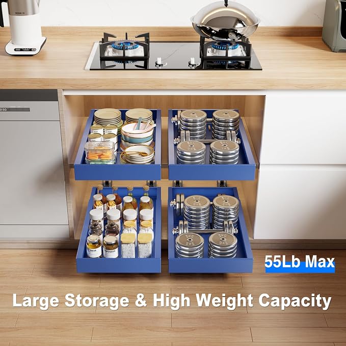 Mustorn 2 Pack Pull Out Cabinet Organizer,21.8" Deep Slide Out Drawer for Cabinets Adhesive Pull Out Drawers Heavy Duty Pull Out Shelves for Kitchen,Cupboard,Pantry,Bathroom-Blue - Image 4