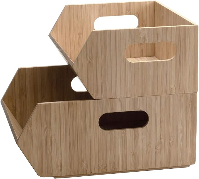 Mobilevision XL Versatile Bamboo Storage Bins for Pantry & Kitchen Cabinet Organizer Multi-Purpose / 2 Piece Stackable Set Larger Bins - Image 9