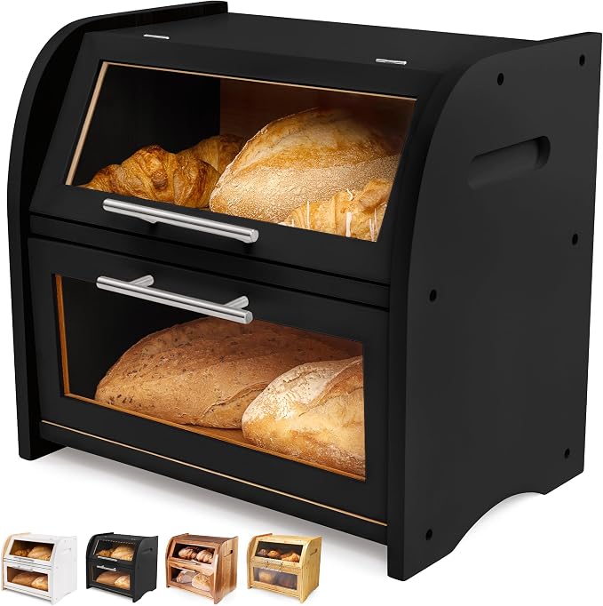 Arise Stylish Bamboo Bread Box for Kitchen Countertop, Extra Large 2-Shelf Wooden Bread Storage Container with Clear Windows and Air Vents Keep Bread, Bagels and Rolls Fresh, Self Assembly | Bread Storage Container with Clear Windows & Air Vents, Bread... by ApaceLiving