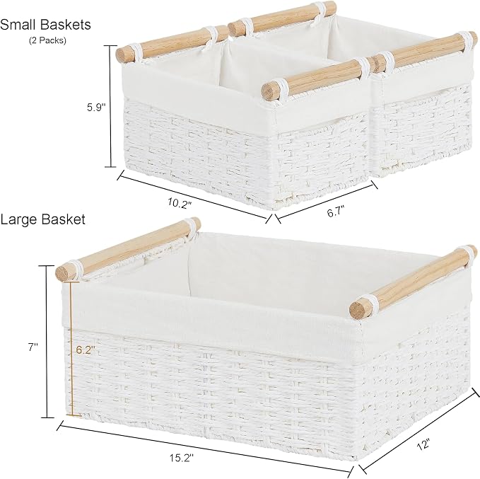 Wicker Storage Basket, Set of 3 Hand-woven Storage Baskets for Organizing, Large Cube Storage Organizer Baskets Bins with Handles for Shelves Decor, Small Toilet Paper Storage Basket, White - Image 2