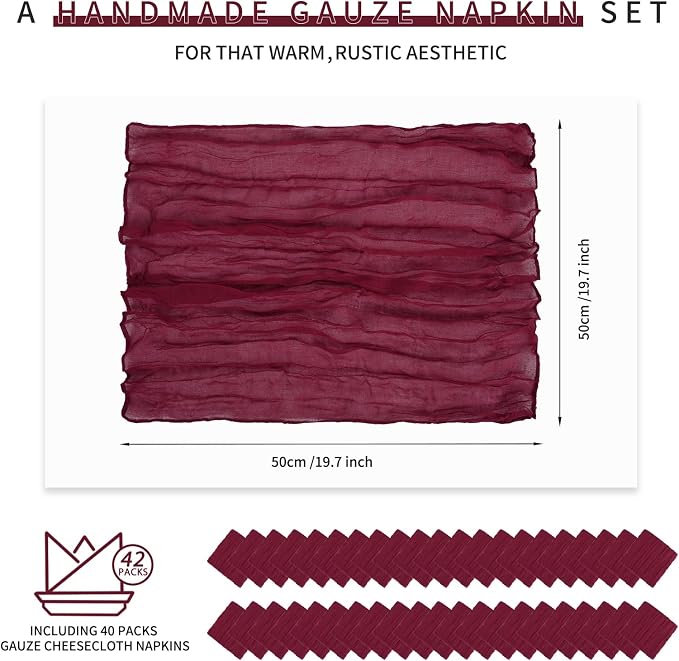 42 Packs Gauze Cheesecloth Napkins 20 x 20 Inch Burgundy Wrinkled Dinner Napkins Bulk, Rustic Boho Soft Cloth Napkin for Wedding Party Event Dinner Table Decoration - Image 2