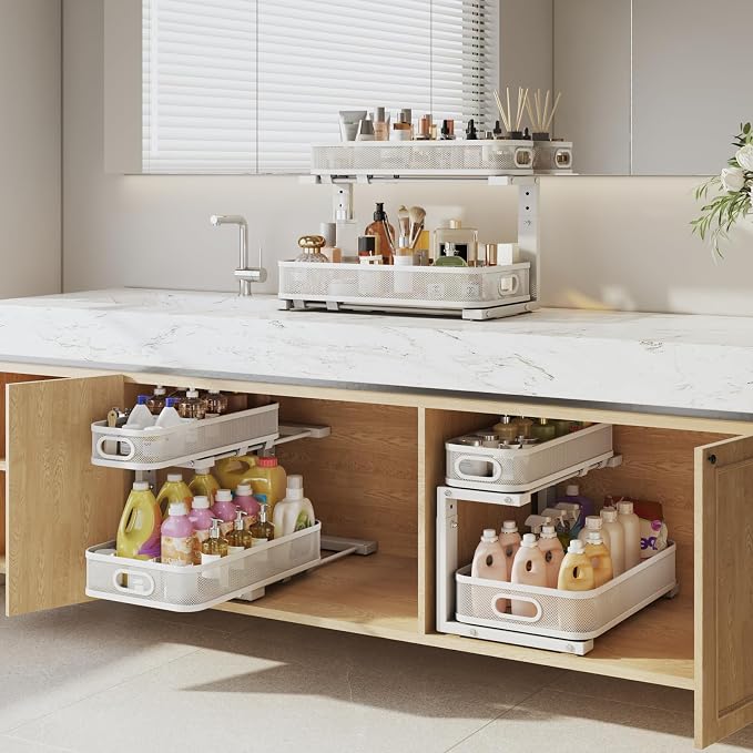 2 Pack 19.3IN-Depth Under Sink Organizer with Smooth Cylindrical Rail,2-Tier Pull Out Multi-Purpose Cabinet Storage for Bathroom&Kitchen,Height Adjustable,Rust-Resistant Coating-White - Image 6