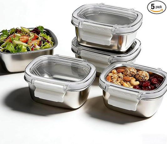 5 Pack Food-Grade 304 Stainless Steel Reusable Snack Containers with Lids - 8.45 oz Small Metal Meal Prep Boxes, Shatterproof Leakproof Freezer Safe for Portioning Snacks & Dips by Unknown