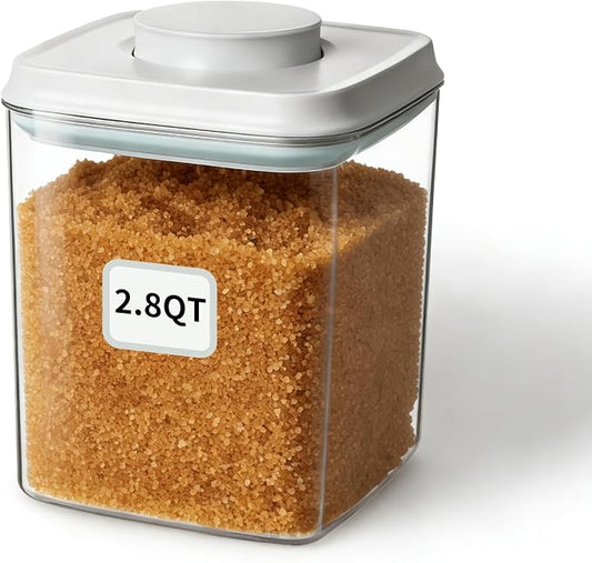 Food Storage Container with Lid, 2.8 Qt Airtight Pantry Canister, BPA-Free Plastic Flour Sugar Storage Container, One-Touch Press-to-Open Lid, Stackable Clear Jar for Rice, Cereal, Coffee, Brown Sugar by ANKOU