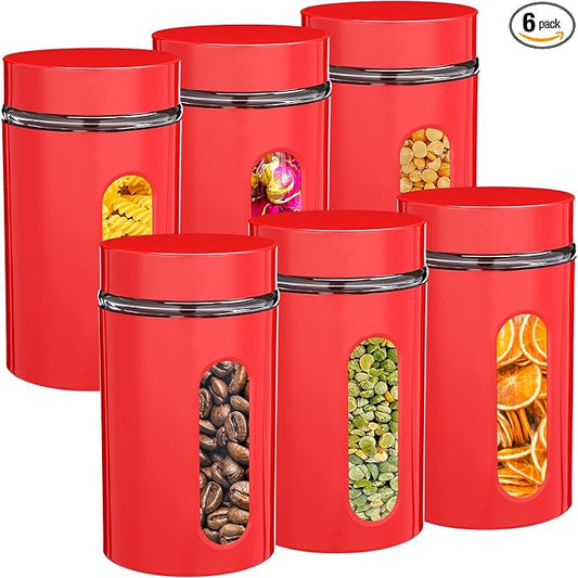 Patelai 6 Pack Kitchen Canisters Set 20 oz Airtight Stainless Steel Canister Food Storage Container with Window Glass, Coffee Sugar Candy Jars Tea Organizer for Flour Cookies Spice (Red,32 oz) by Patelai