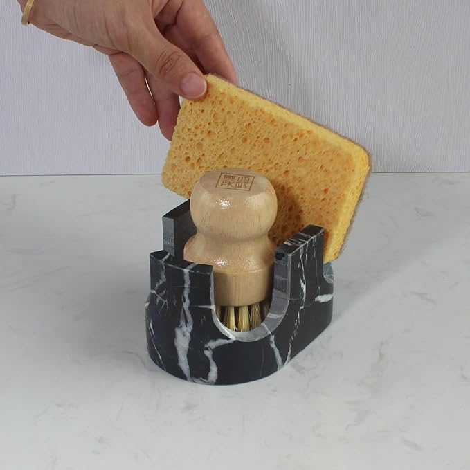Natural Travertine Marble 2-Slot Sponge Holder for Kitchen Counter, 2-in-1 Stone Drying Rack, Sponge Caddy for Sink Organizer - Nero Portoro Marble - Image 3