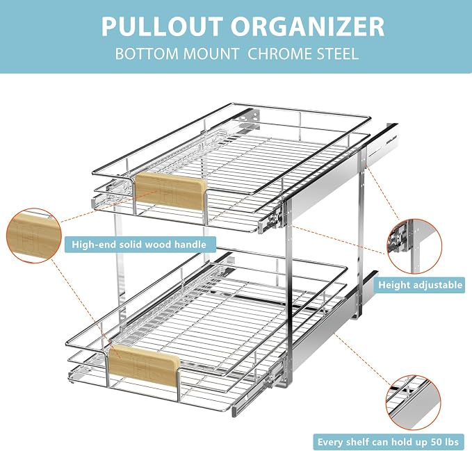 LOVMOR 2 Tier Pull Out Cabinet Organizer 13½" W x 21½" D, Slide Out Drawers with Wooden Handle, Sliding Shelves Organization and Storage for Kitchen, Pantry - Image 8