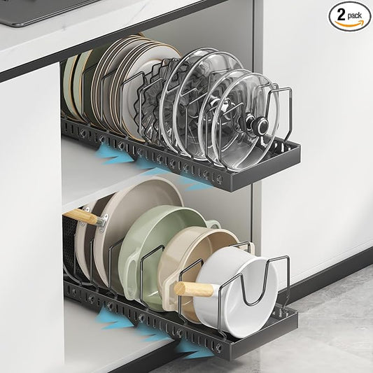 Pull Out Pot Lid Organizer, Cabinet Pan Rack, 10 Dividers | 2-pack black carbon steel rack, 16 adjustable dividers, quiet slide rails, adhesive or screw mount for lids, pans, bakeware by WOSHEN