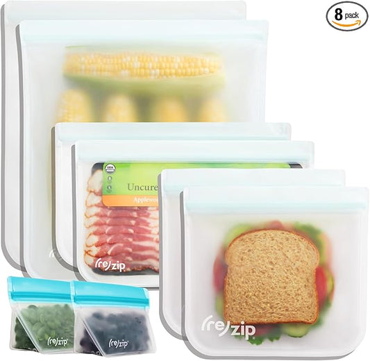 (re) zip 8-piece Reusable Food Storage Bags Gift Kit | BPA-Free, Food Grade, Leakproof, Freezer Safe, Travel-Friendly | Various Bag Sizes by rezip