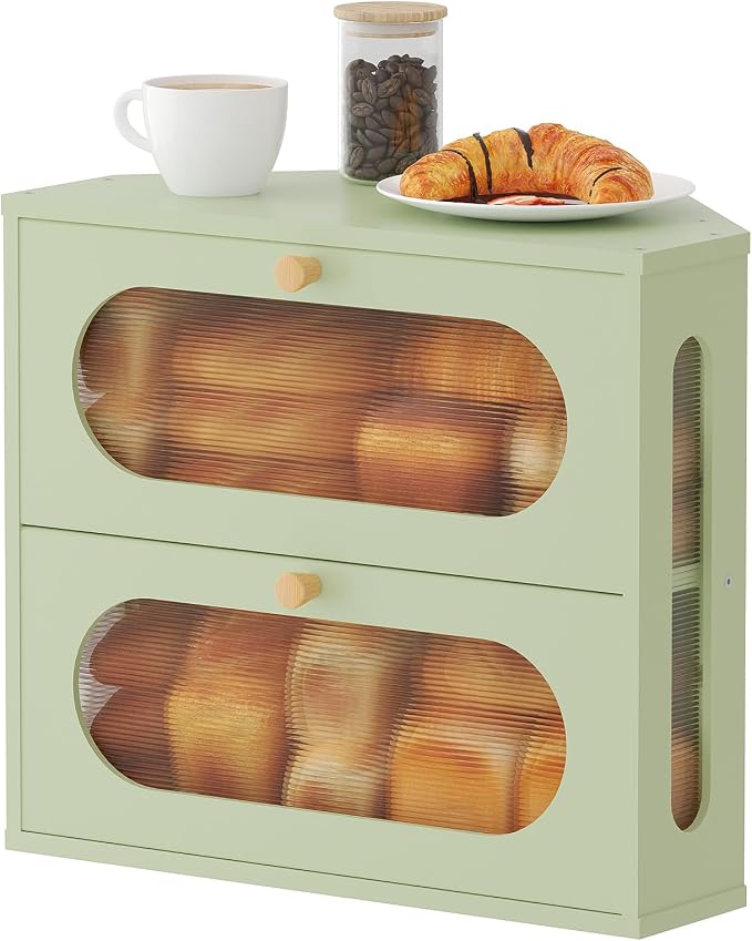 Corner Bread Box for Kitchen Countertop, 2026 New Double Layer Bamboo Bread Storage Bin, Large Bread Container for homemade bread (Green) by AUGOHCMIL