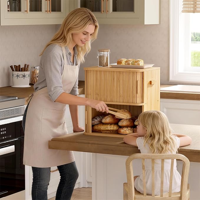 WOWLIVE 2-Tier Roll Top Bread Box for Kitchen Countertop Storage Cabinet | Double Layer Bamboo Bread Boxes with Sliding Doors, Extra Large Bread Storage Cabinet for Loaves & Pastries, Natural - Image 7