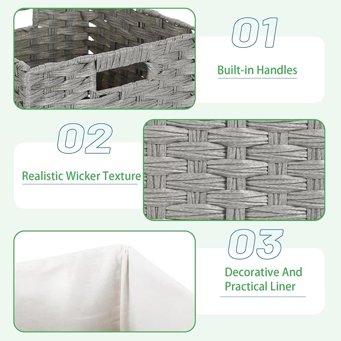 Bidtakay Wicker Cube Baskets with Liners Cube Storage Organizer for Shelves Closet 11 inch 4 Pack Decorative Hand-Woven Imitation Wicker Storage Bins for Organizing Pantry Bedroom Light Grey - Image 6