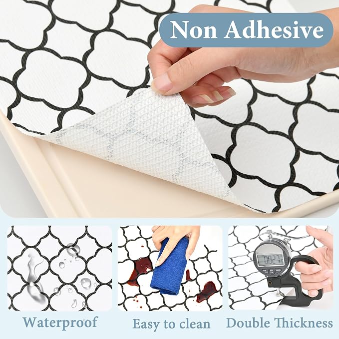 Shelf Drawer Liners for Kitchen Cabinets 17 in X 30 Ft Drawer Liner | Non Adhesive Thickened Refrigerator Liner Black Quatrefoil Strong Non-Slip Paper for Tool Box with Knife and Tape Measure - Image 5