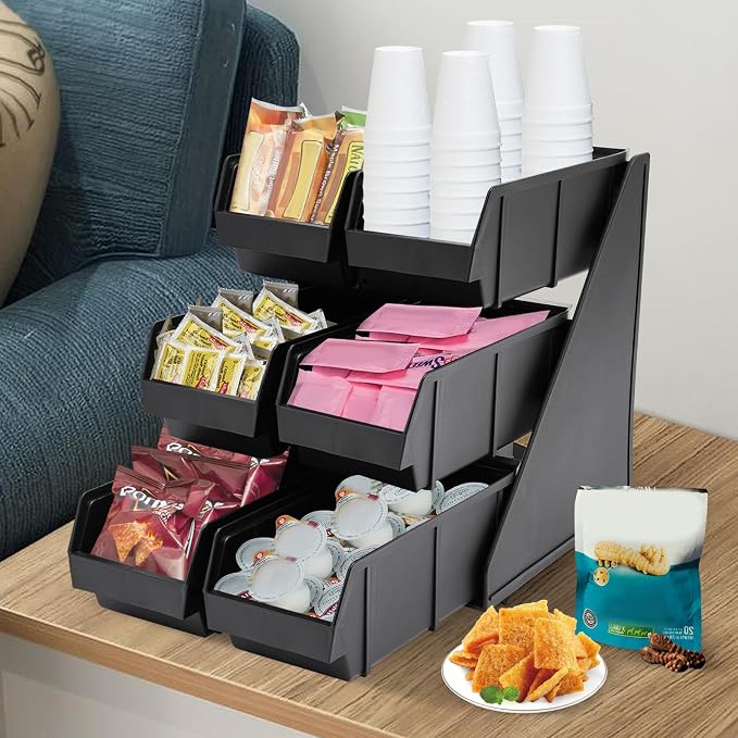 6 Compartment Serve Condiment Bin, 3-Tier Self Serve Condiment Bin Stand, Plastic Containers Storage Bins, Countertop Condiment Organizer for Coffee Shops Restaurants Bars - Image 3