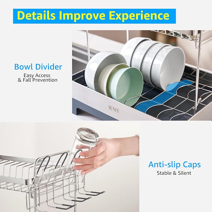 Large Dish Drying Rack, Multipurpose 2 Tier Dish Racks for Kitchen Counter, 304 Stainless, Extra Large Drain Board, Gray - Image 7