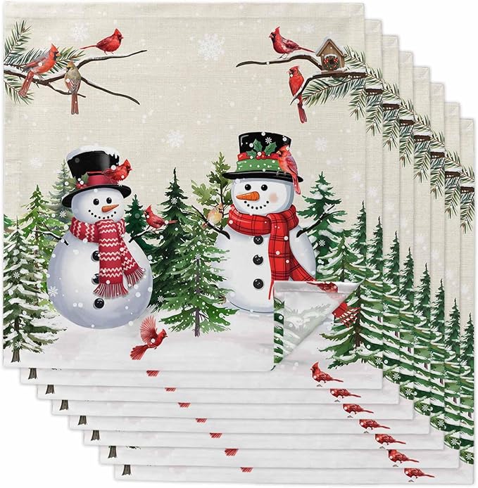 Beige Snowman Christmas Cloth Napkins, Washable and Reusable Dinner Napkins Set of 8, Xmas Tree Snowflake Winter Birds Table Napkin for Kitchen Party Birthday Wedding Hotel Housewarming 20''x20'' by Unknown