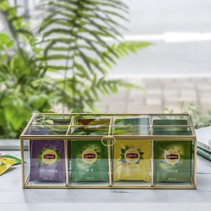 NCYP Glass Tea Bags Organizer with Lid, 8 Compartments Teabag Container, Indoor Counter Top Brass Display Case, 12" x 7.1" x 3.7" Teabag Storage Box, Gold Decor (Glass Box Only) - Image 8