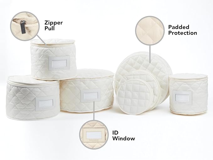Covermates Keepsakes Dish Storage Set – Padded China & Dinnerware Storage Cases with Dividers, Cup & Stemware Storage, Quilted Polyester Protection, ID Window, Cream - Image 5
