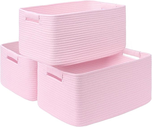 3 Pack Large Storage Basket for Organizing, 17.5"x13"x7" Woven Basket for Shelves, Closet Cube Storage Bins with Wrapped Handle, Cotton Rope Baskets for Kitchen, Clothes, Toys(Light Pink) by Degeyoyo