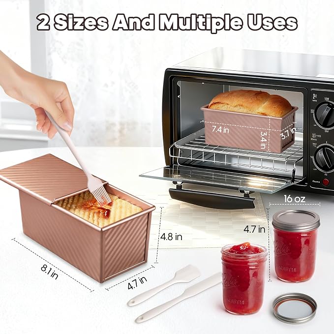 6 In 1 Homemade Bread Slicer With Bread Box For Homemade Bread，Adjustable 304 Stainless Steel Guide With Crumb Tray 2 Loaf Pan With Lid Mason Jars Basting Pastry Brush And Scraper Bread Loaf Slicer - Image 5