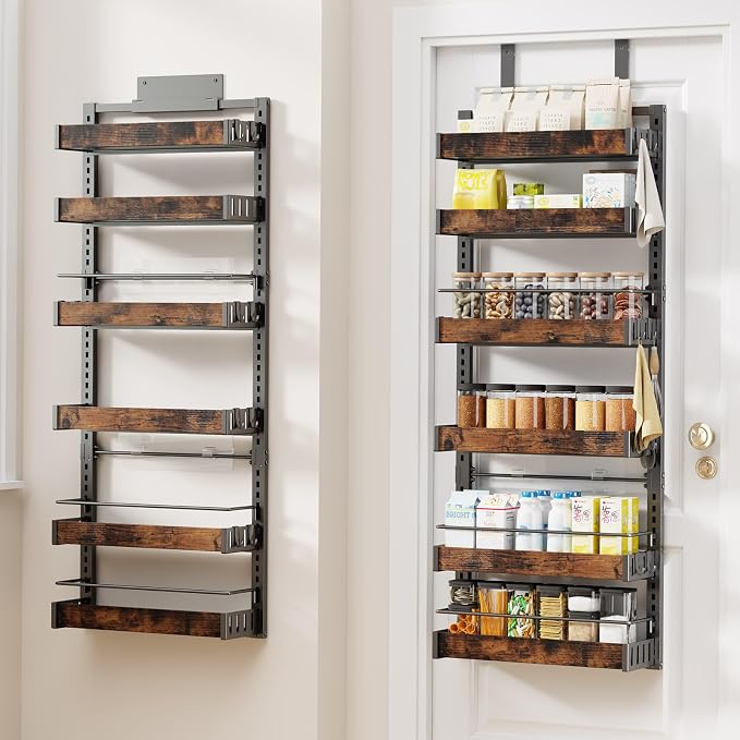 6 Tier Over The Door Pantry Organizer, 2 IN 1 Wall Mount or Metal Hanging Spice Rack for Pantry Organizers and Storage, Seasoning Shelves，Adjustable Basket with Hooks for Kitchen Cabinet and Closet by CUISIBOT