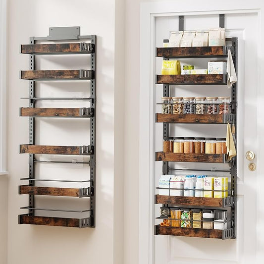 6 Tier Over The Door Pantry Organizer, 2 IN 1 Wall Mount or Metal Hanging Spice Rack for Pantry Organizers and Storage, Seasoning Shelves，Adjustable Basket with Hooks for Kitchen Cabinet and Closet by CUISIBOT