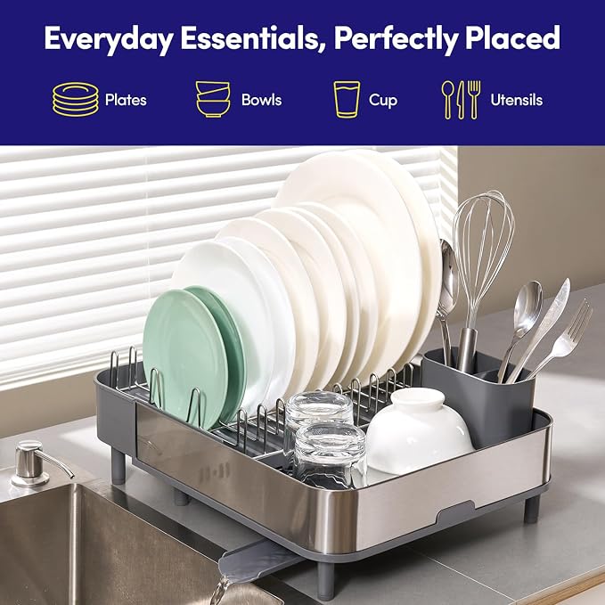 Dish Drying Rack Countertop Expandable Dish Drainer — Up to 20.5" Telescoping Premium Extending Drying Station Organizer with Drainboard, Removable Utensil Holder — Dish, Silverware & Cup Storage Gray - Image 4