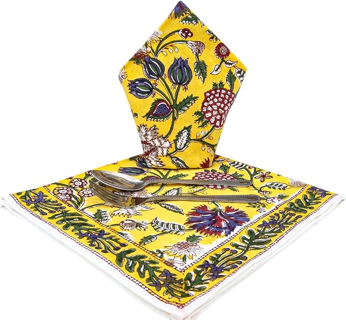 14x14 Inches Cotton Napkins Set of 4, Yellow Red, Washable Hand Block Printed Reusable Cloth Napkins for Dinning, Party, Wedding, Home Decor Autumn - Image 8